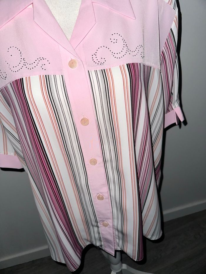 Chemisier à rayures et strass rose et blanc Y2K Vintage T46 3XL - photo numéro 4
