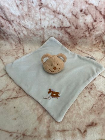 Doudou plat ours marron bleu blanc cheval en bois Influx