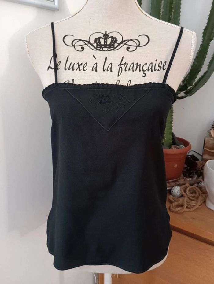 Caraco noir vintage léger brodé à l'avant décolleté festonné taille 38 - photo numéro 2