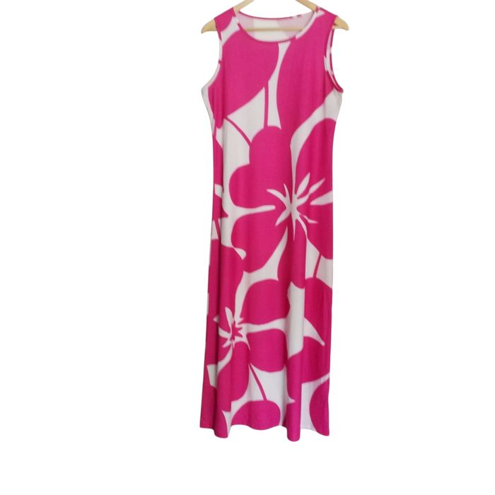 Robe longue décontracté et ample aux motifs floraux fuchsia blanc taille M - photo numéro 7