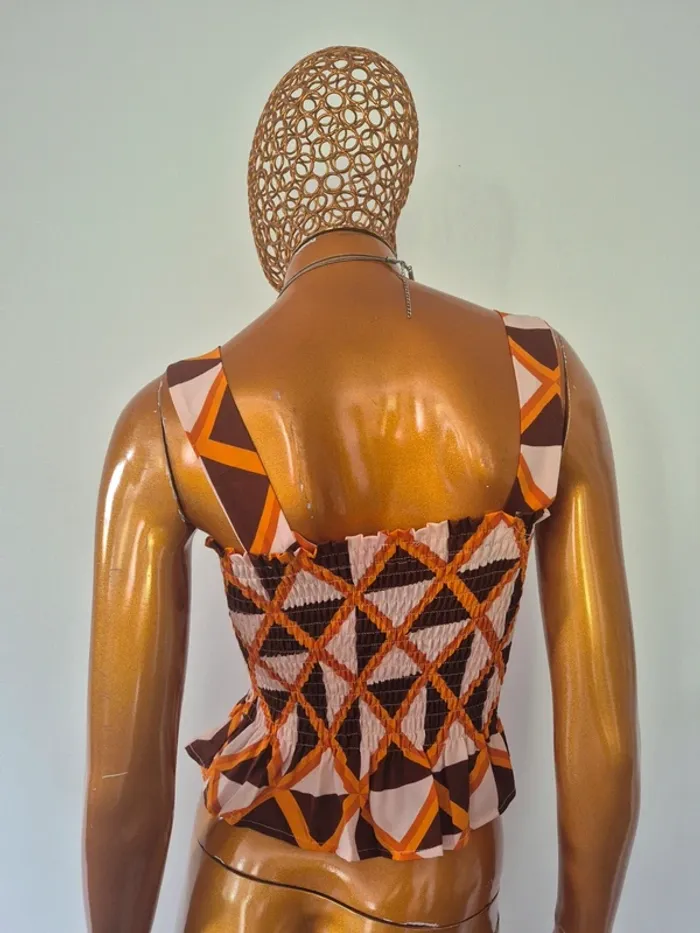 Top Court Plissé Orange et Marron Femme Taille S/36 - photo numéro 2