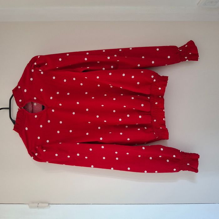 Blouse fluide rouge à pois blanc – Col montant froncé - Manches longues - Taille XS/S/M - Naf Naf - photo numéro 2