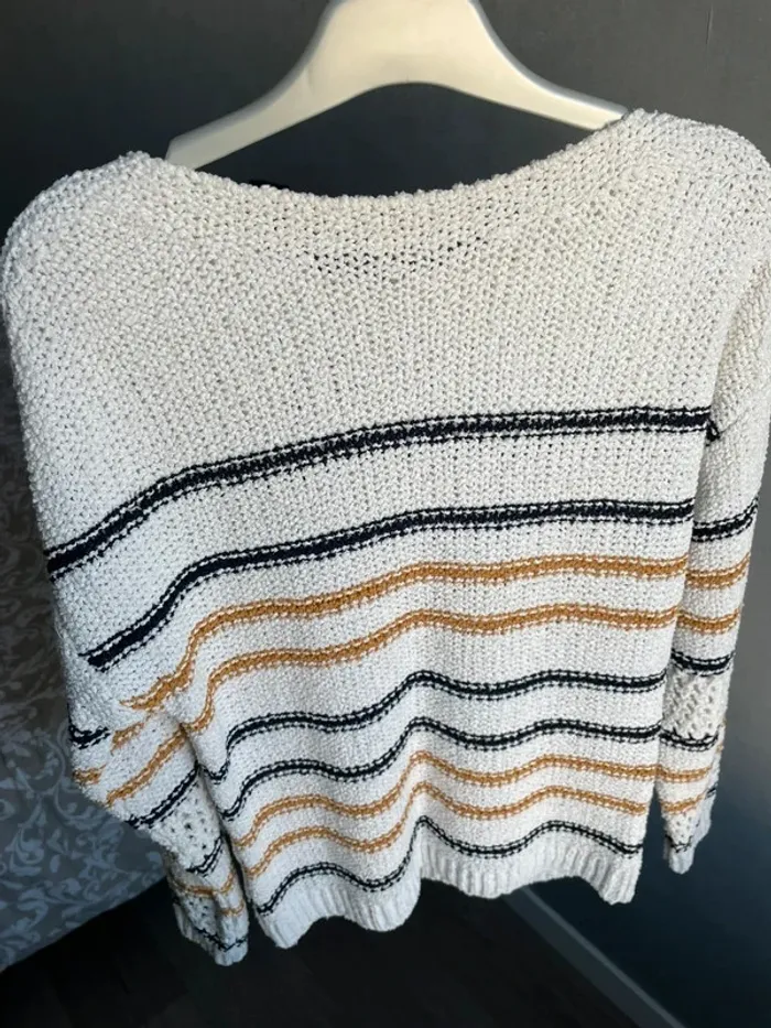 Pull en grosse maille pimkie écru rayé moutarde et bleu marine - photo numéro 2