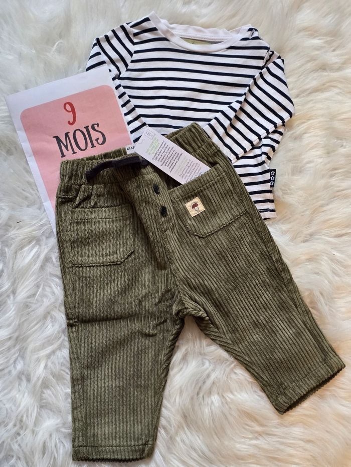 Neufs (non portés)💙🤩😍 superbe ensemble teeshirt ml et pantalon velours 9 mois garçon 💙😍🤩 - photo numéro 2