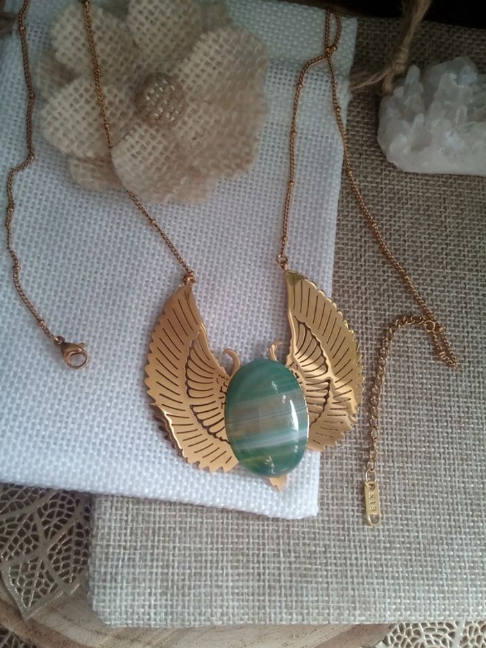 Collier grand scarabée ailé avec pierre d'agate verte naturelle - photo numéro 6