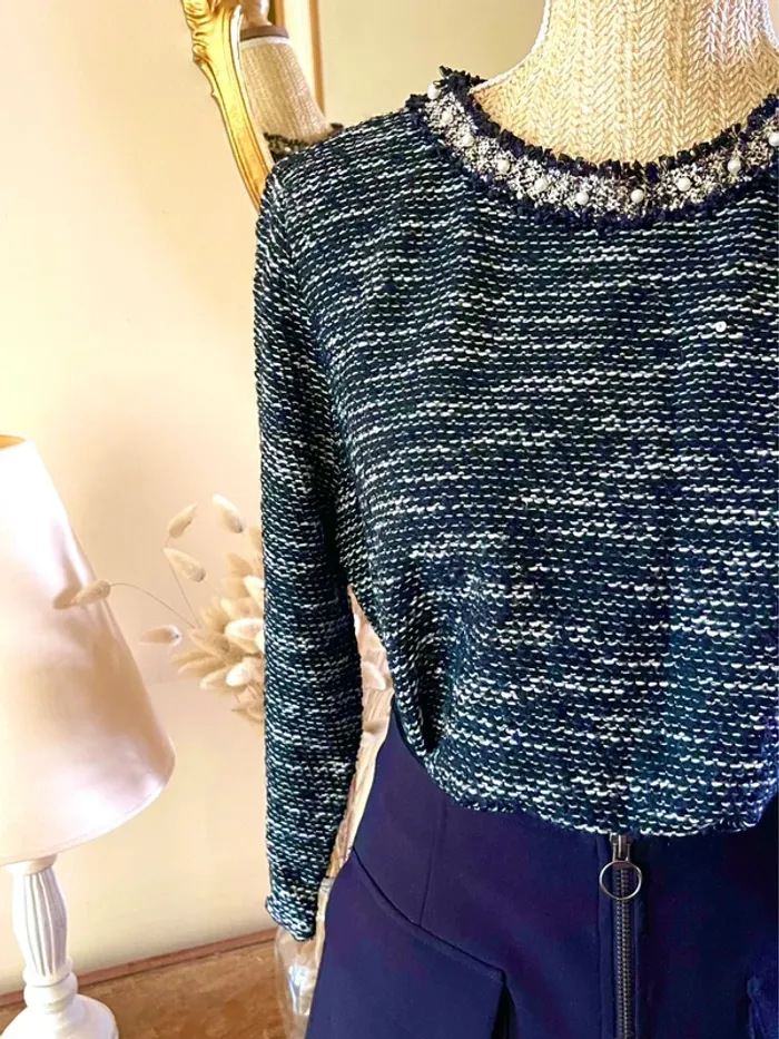 sublime Top maille tweed effet bouclette col rond perles manches 3 4 neuf - photo numéro 12