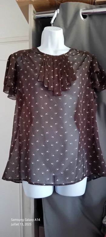 Blouse en voile manches volantées col cravate motif plumes marron femme L