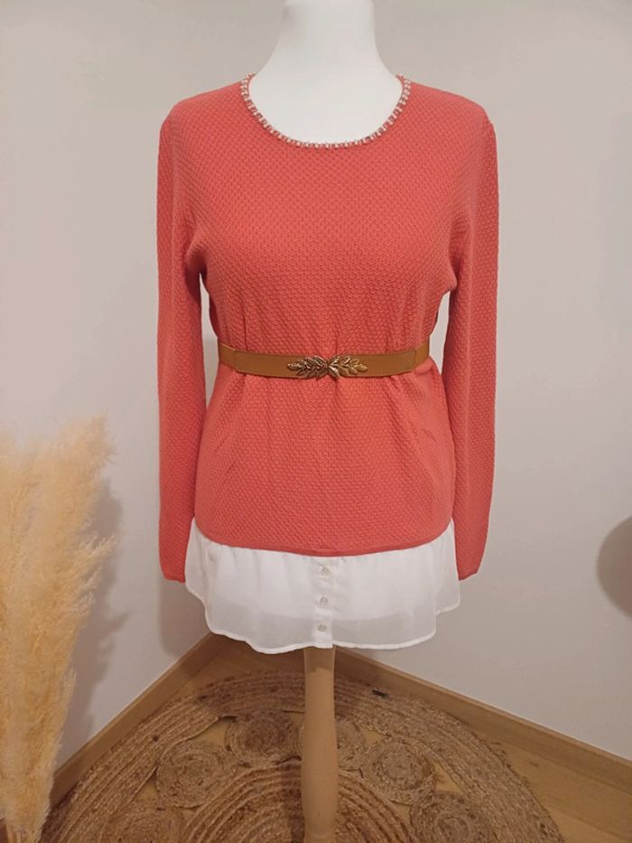Pull chic rose/Corail avec Perles Anne Weyburn taille L 40