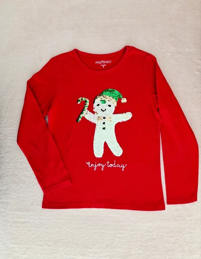 T-shirt de Noël manches longues 8 ans Rouge motif lutin en sequins réversibles argentés ou blanc - photo numéro 3