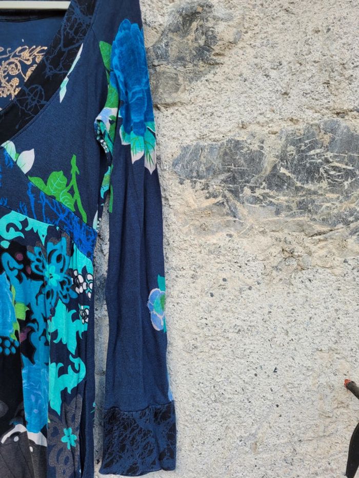 Superbe robe boule Desigual, tons bleus et verts, manches longues, taille M (40) - photo numéro 5