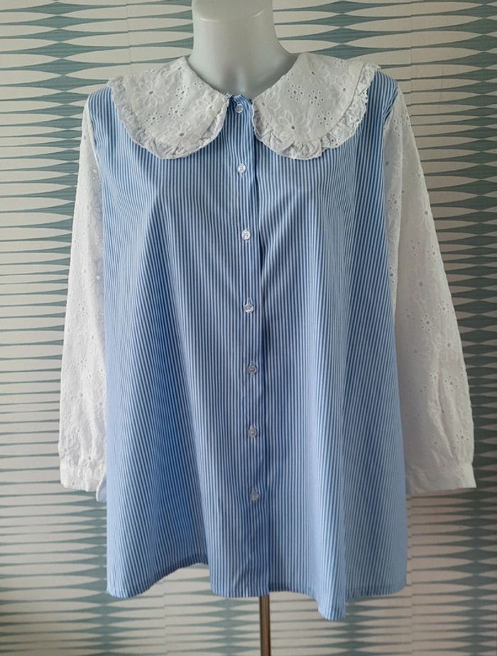 Chemise rayée à col et manches en dentelle neuve avec étiquette TU (44/50) Pépouz' by Loicïa Curve - photo numéro 2