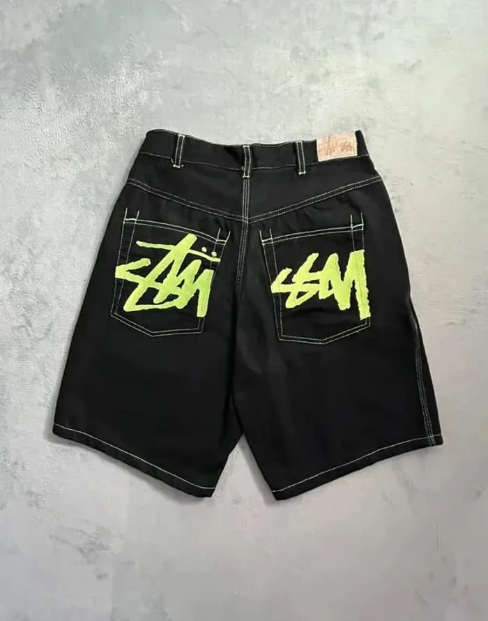 Short/Jort Stussy Black Embroidered Green Lime Big Logo Back – Taille L