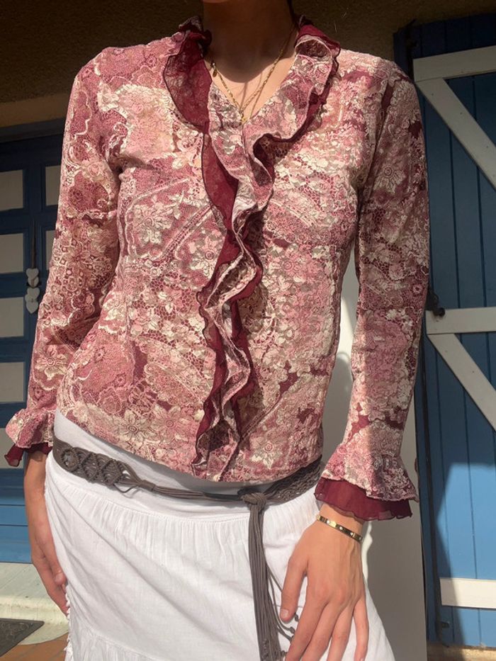 Blouse dentelle à froufrous siren office core solis vintage y2k 2000yer fleurie bohème champêtre - photo numéro 3