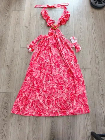 Robe longue fendue corail et beige femme XL