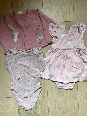 Ensemble robe body+body+ gilet « lapins » 6mois fille