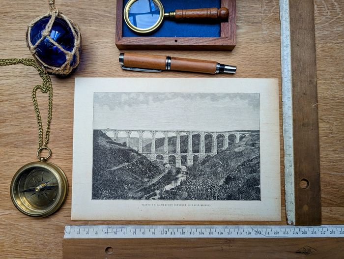 Imprimée en 1890, viaduc de La Méaugon, Saint-Brieuc. Original Vintage Authentique.