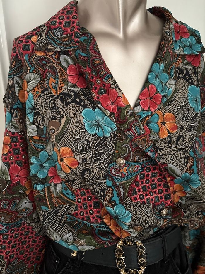 Veste / chemisier vintage fleuri – Taille 52 – Fabriqué en France – Motif bohème – Années 90 - photo numéro 10