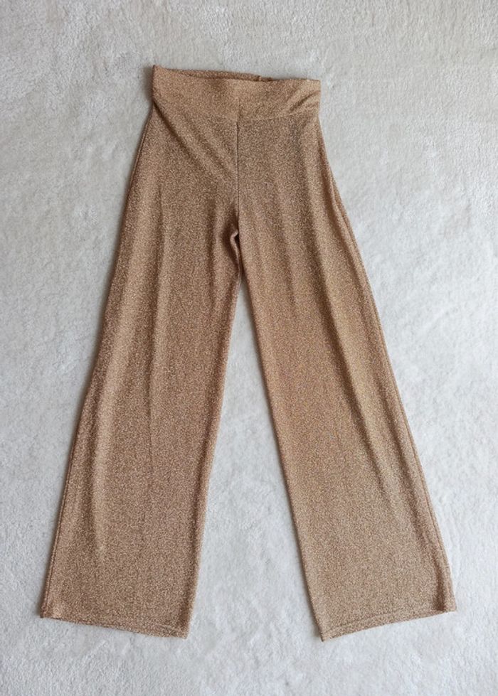 Pantalon legging doré paillettes Holly & Joey taille élastique jambes larges évasées fluide -Disco- - photo numéro 6