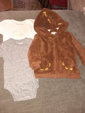 Lot 2 bodys manche courte + 1 gilet velours dinosaure