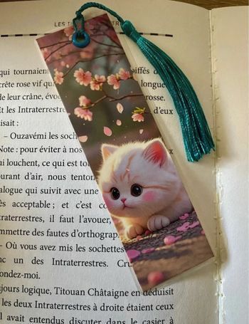 Marque-page chaton kawaii fait main plastifié avec pompon – petit cadeau lecture