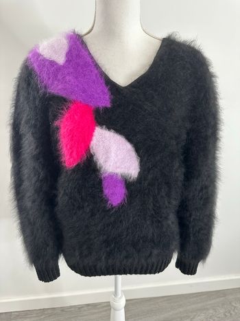 Pull en angora noir rose violet mauve Anny Blatt Vintage T42 XL
