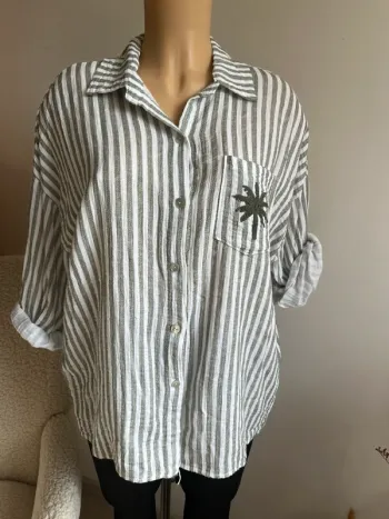 Chemise à rayures kaki et blanche taille unique 100% coton et palmier brodé