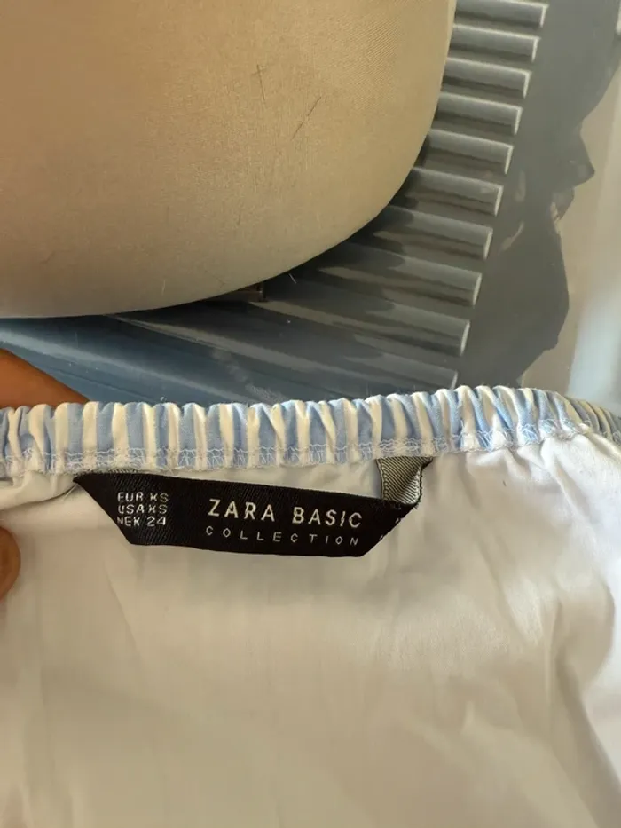 Top Bardot court rayé bleu et blanc Zara Basic - Taille XS - photo numéro 3