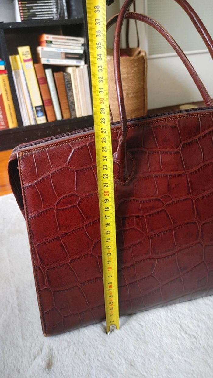 Sac à main en cuir véritable vintage motif exotique crocodile marron tirant sur le rouge - photo numéro 13