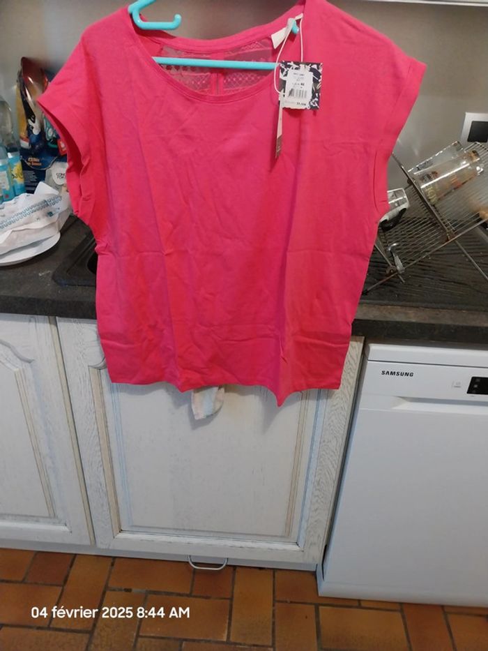 Tee shirt coton bio dentelle CEBANE - taille 46 - couleur framboise - La Fiancée - photo numéro 5