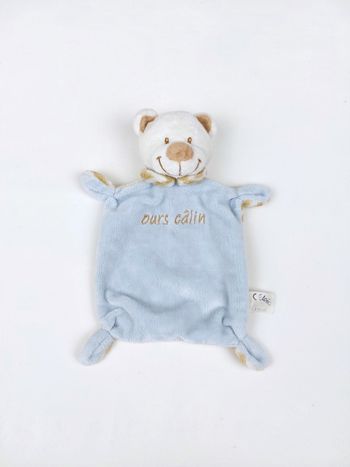 Doudou plat ours câlin bleu VETIR GEMO rayures blanc marron