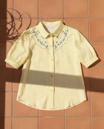 Chemisier rayé brodé, manches courtes, taille S, bohème chic rétro été
