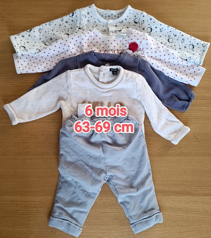 LOT : 1 pantalon + 3 gilets + 1 pull = 5 vêtements 6 mois 63-69 cm fille