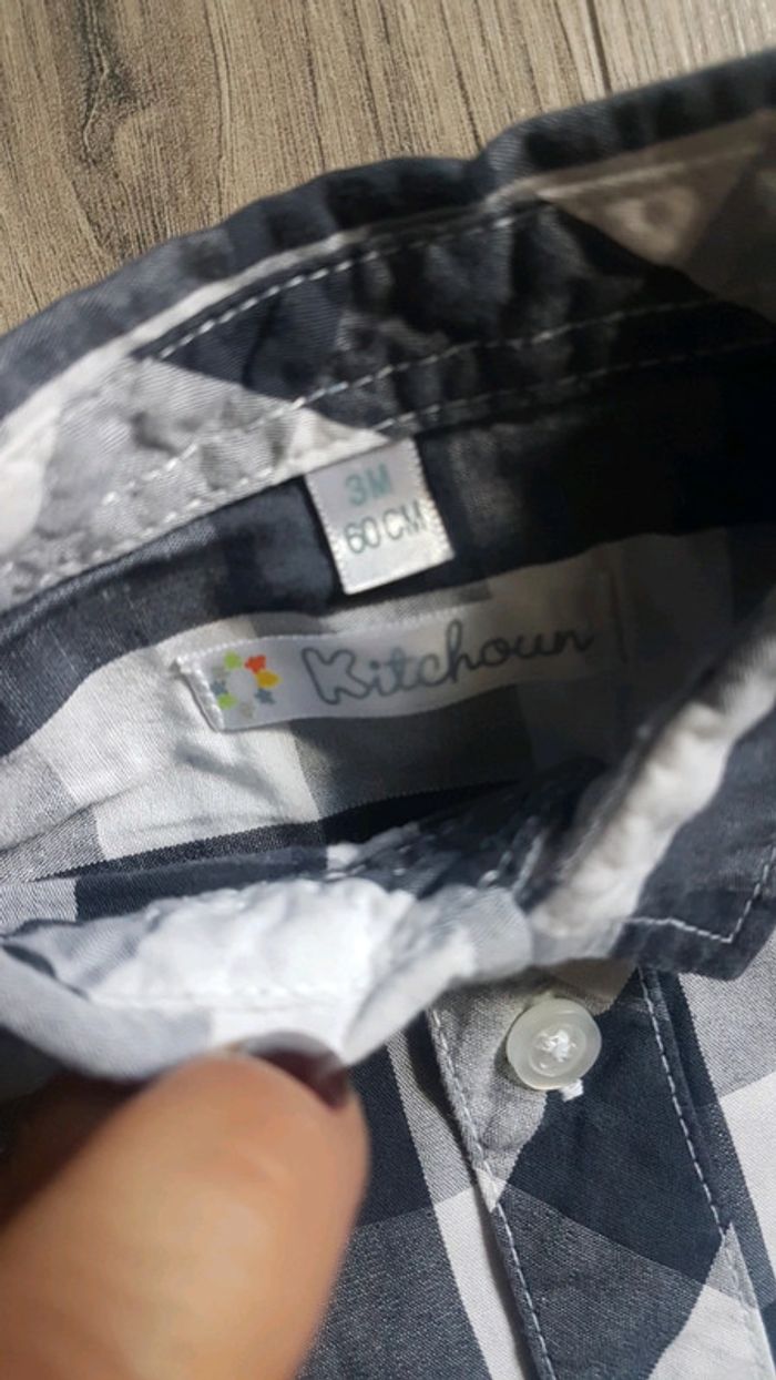 Chemisette chemise manches courtes carreaux bleu marine blanc kitchoun 3 mois - photo numéro 3