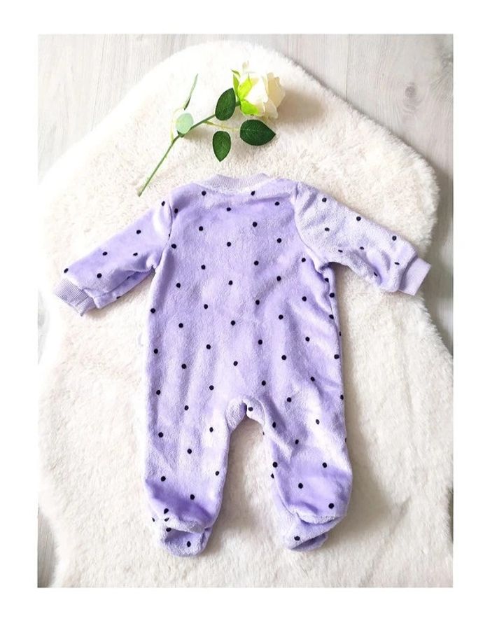 Combinaison bébé fille 1-3 mois flanelle velours polaire violette pois noirs zip - photo numéro 2