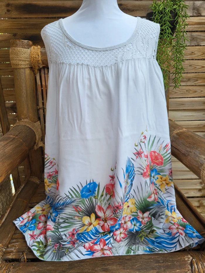 Tunique coton fleuri broderie blanc multicolore taille 52 - photo numéro 2