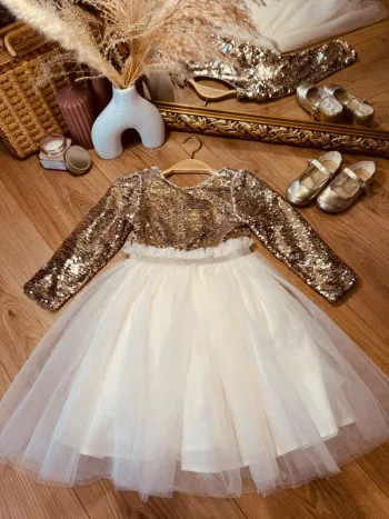 Taille 2-3 ans Robe créateur fille TAO crème dorée * sequins tulle * 🩷