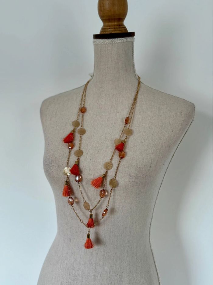 Collier sautoir corail pompons été strass boucle d’oreilles Ketting Halskette Necklace Collar Colar
