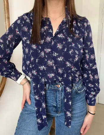 Blouse fleurie bleue marine vintage japonaise