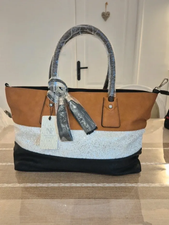 Très joli sac cabas pour l'automne, neuf, marron argenté noir paillettes