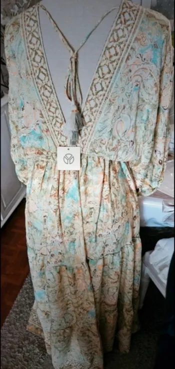 Robe bohème longue en soie vert multicolore Taille 40 Neuve