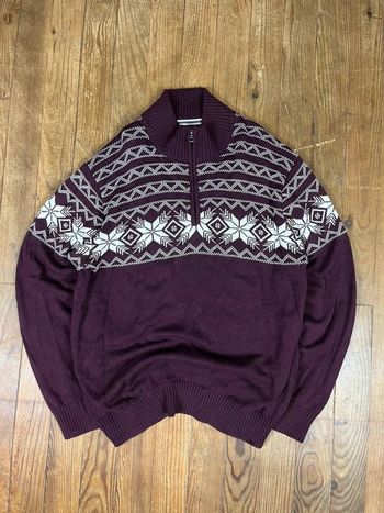Pull maille vintage 100% coton 1/4 zip motifs bordeaux blanc 2XL XXL