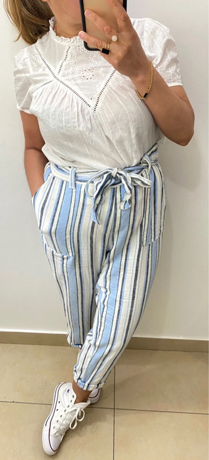Pantalon À Rayures Avec Ceinture À Nouer Taille L - photo numéro 2