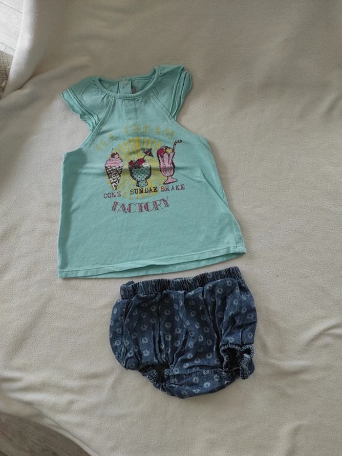 Ensemble été débardeur bleu turquoise glace et culote fille 23 mois