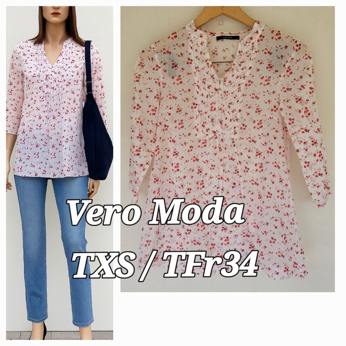 Vero Moda Blouse Manches 3/4 TXS - Blanc&Rouge- Col Tunisien-Légère & Fleurie - TBE