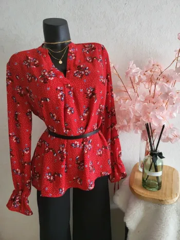 Blouse fleuri fluide à pois manches longues - rouge blanc multicolore - kiabi - taille 48