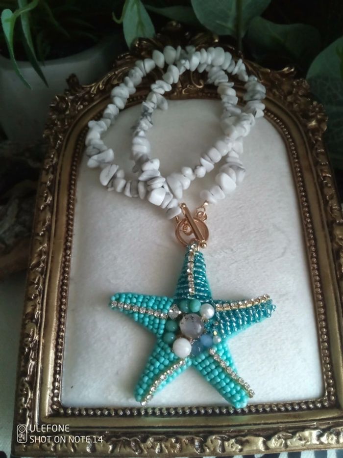 Collier pierres howlite et étoile avec pierres de labradorite et pierre de lune - photo numéro 2