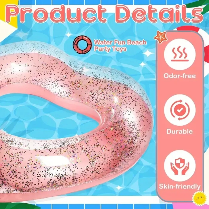Bouée cœur rose scintillante adulte – Anneau gonflable piscine été, EVJF, plage, mariage - photo numéro 3