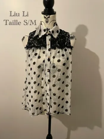 Chemise débardeur sans manche neuf Liu Li taille S/M noir à pois blanc à dentelle