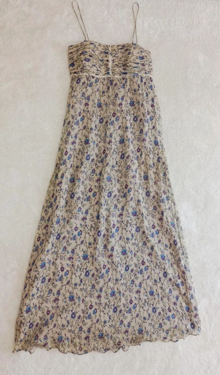 Robe d'été longue Zara Basic fleuri style Bohème chic champêtre vintage beige fines bretelles - photo numéro 3