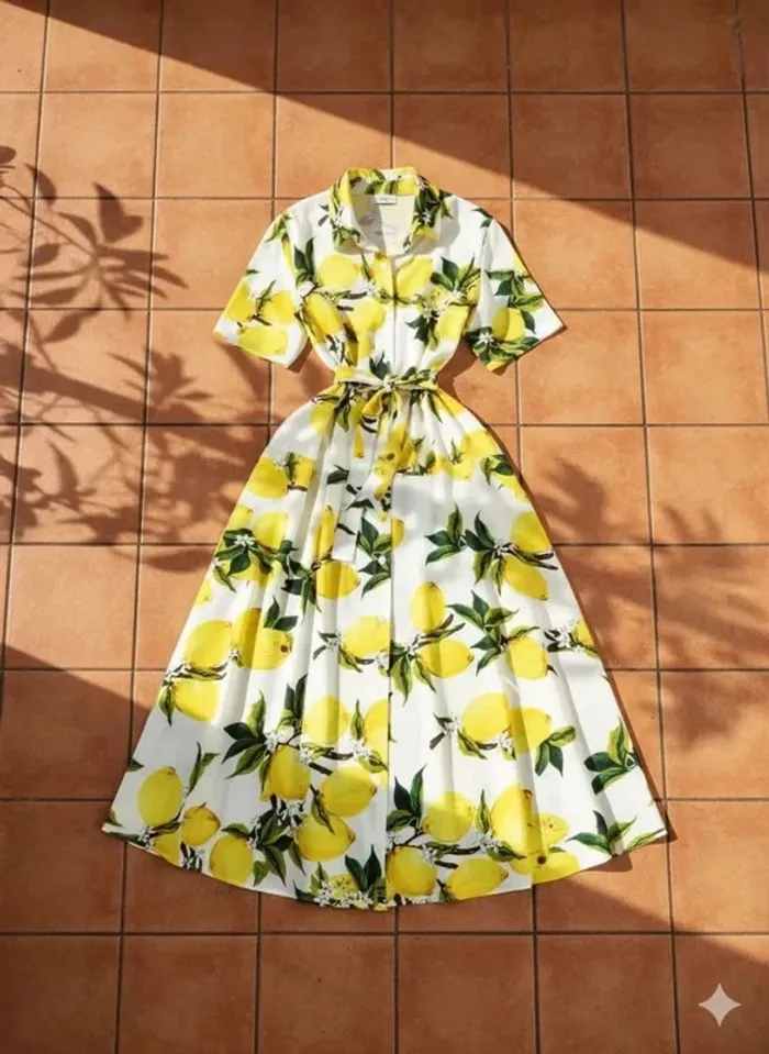 Robe chemisier imprimé citrons, manches courtes, taille S, estivale chic rétro